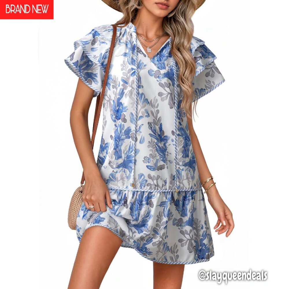 Boho Floral V-Neck Drawstring Ruffle Sleeve A-Line Mini Sundress